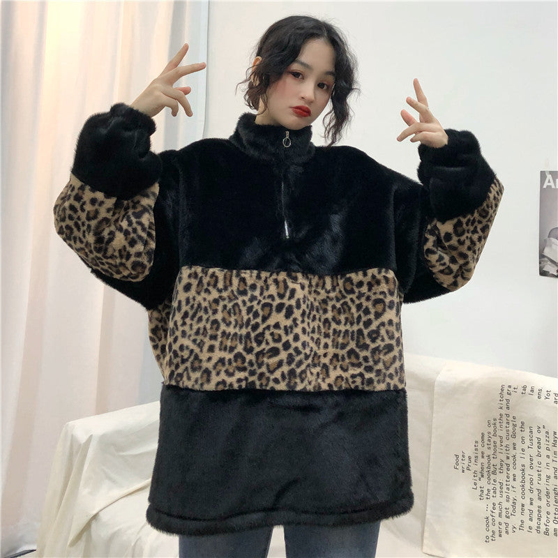 Leopard-patterned turtleneck zip warm sweatshirt