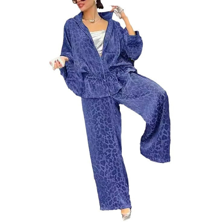 European And American Lapel Waist Drawstring Long Sleeve Leopard Print Casual Suit