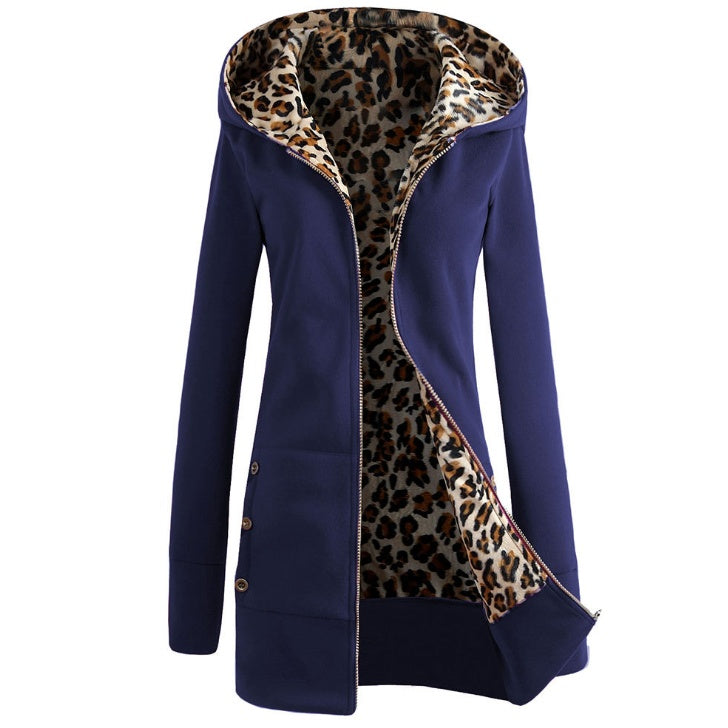 Autumn and winter new spot Europe and America thickening plus velvet large size hooded leopard sweater sweater jacket