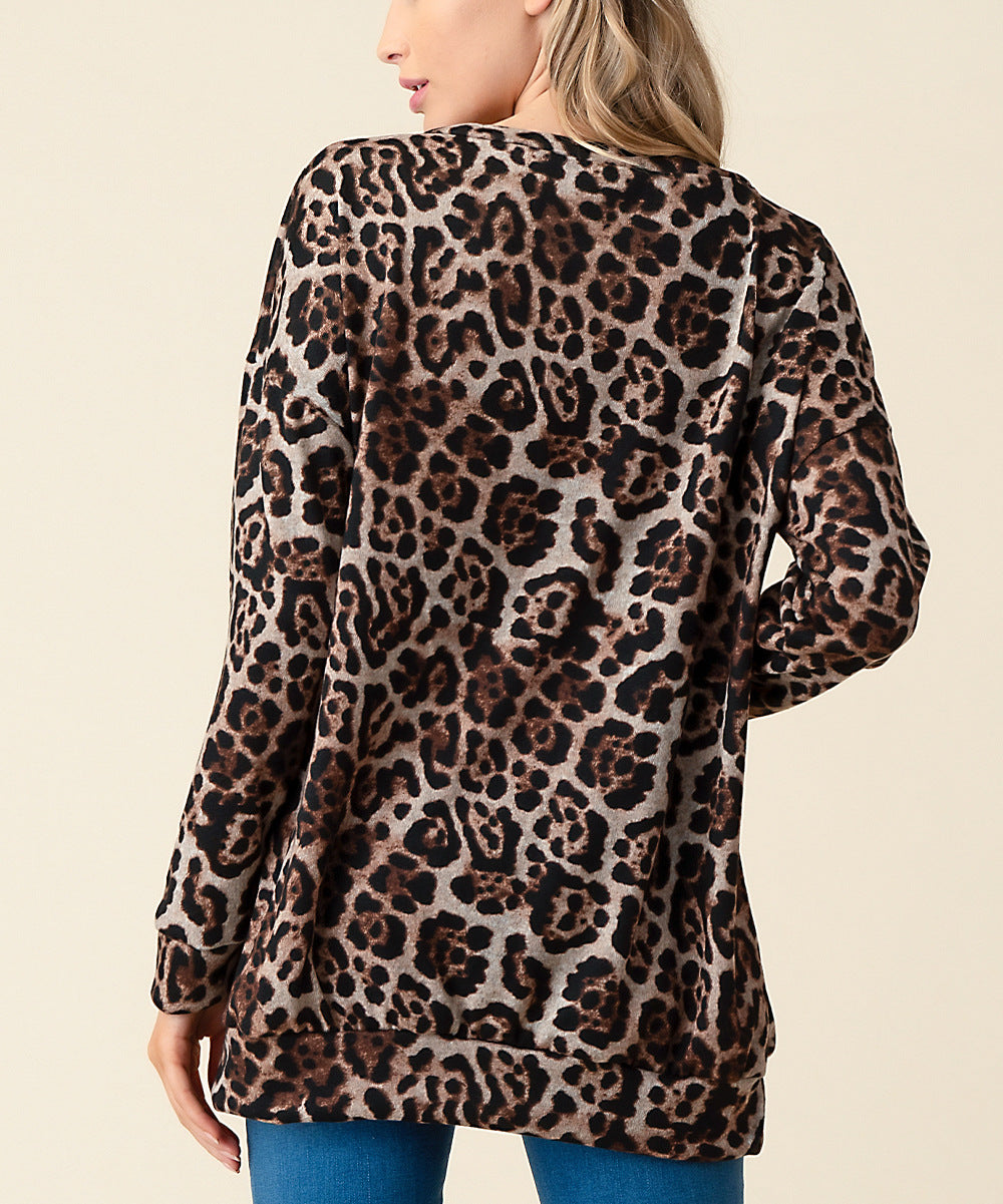Leopard print round neck long sleeves top