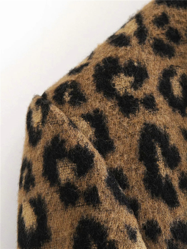 Sexy leopard print European and American style casual simple mid-length woolen jacket