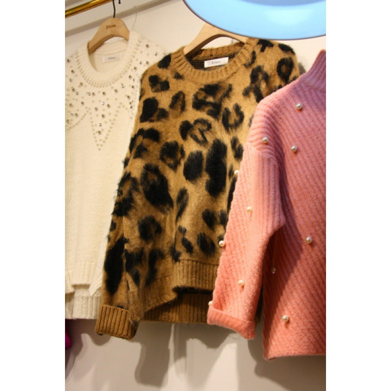 Refined Stylish And Versatile Warm Thick Leopard Print Pullover Sweater
