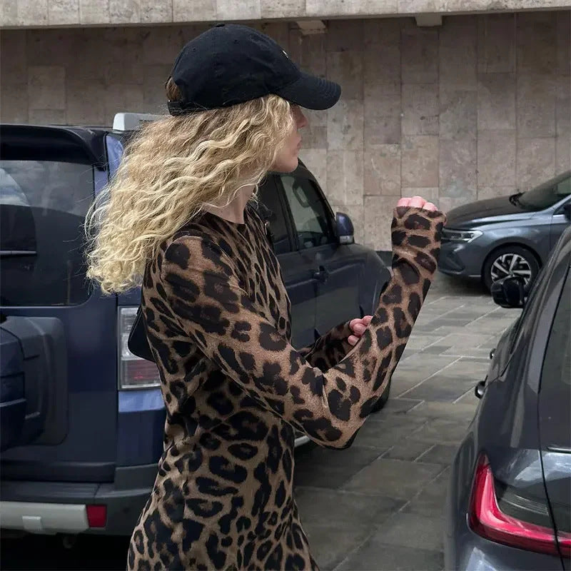 Damenbekleidung Kleid Straße Leopardenmuster Langarm