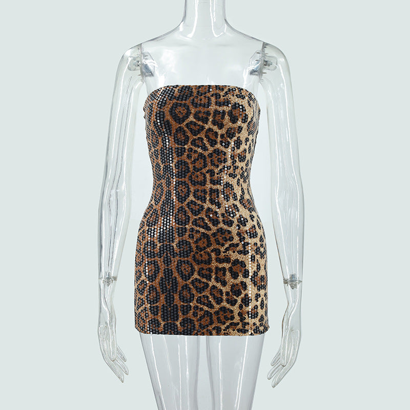 Women's 2 Leopard Print Sequined Tube Top Slim Fit Short Sheath Dress