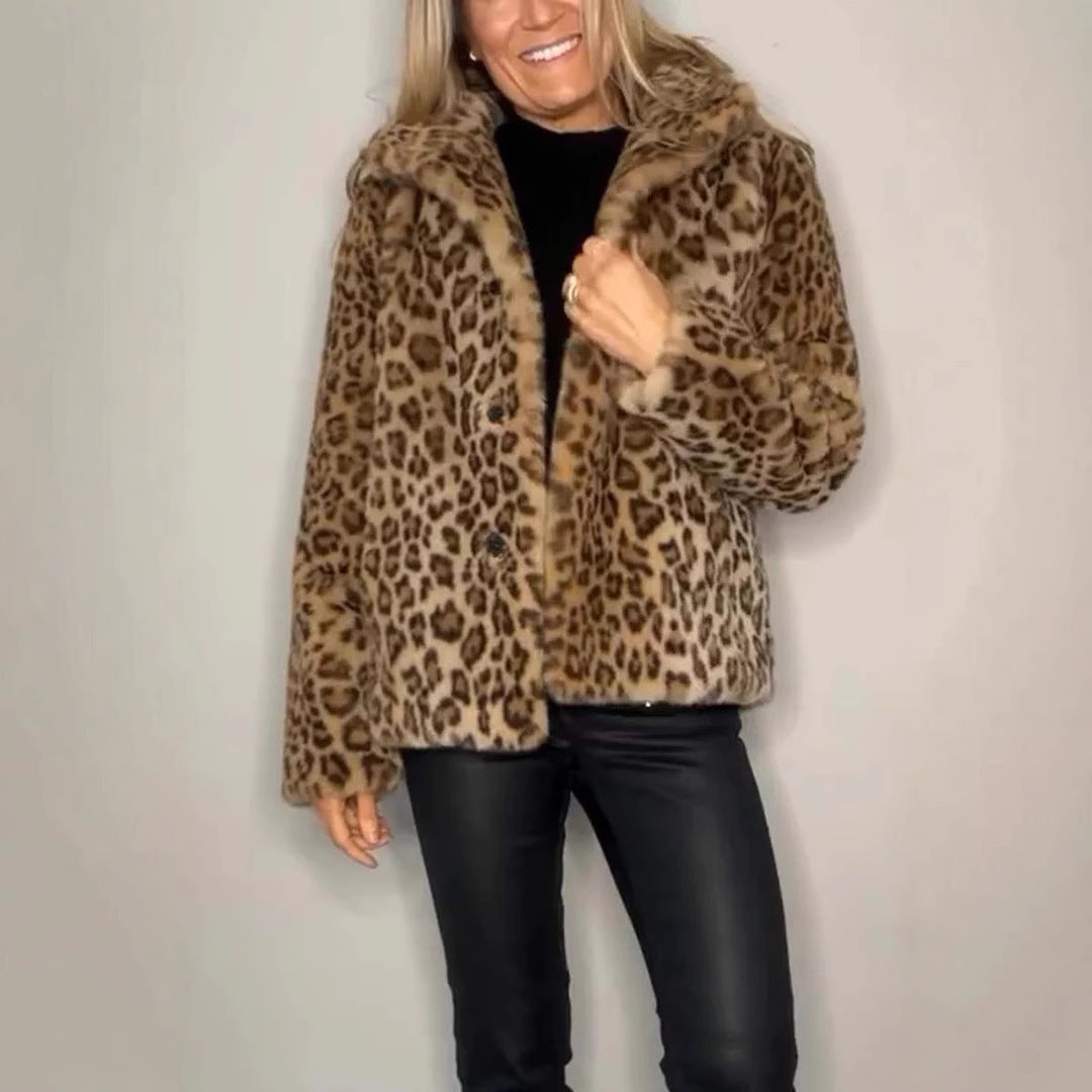 Winter New Warm Women's Fashionable Leopard Print Lapel Faux Leather Woolen Top