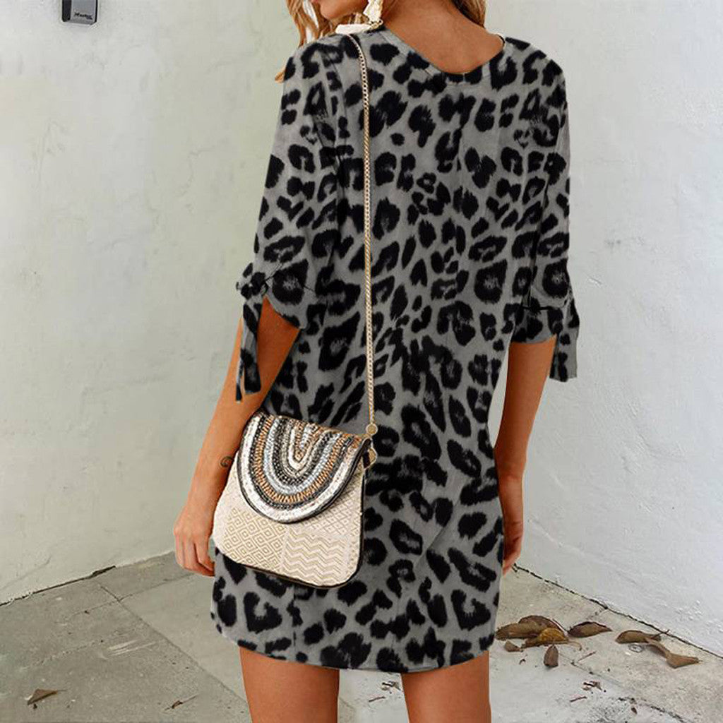 Damenbekleidung Leopard Print Rundhalsausschnitt Kleid