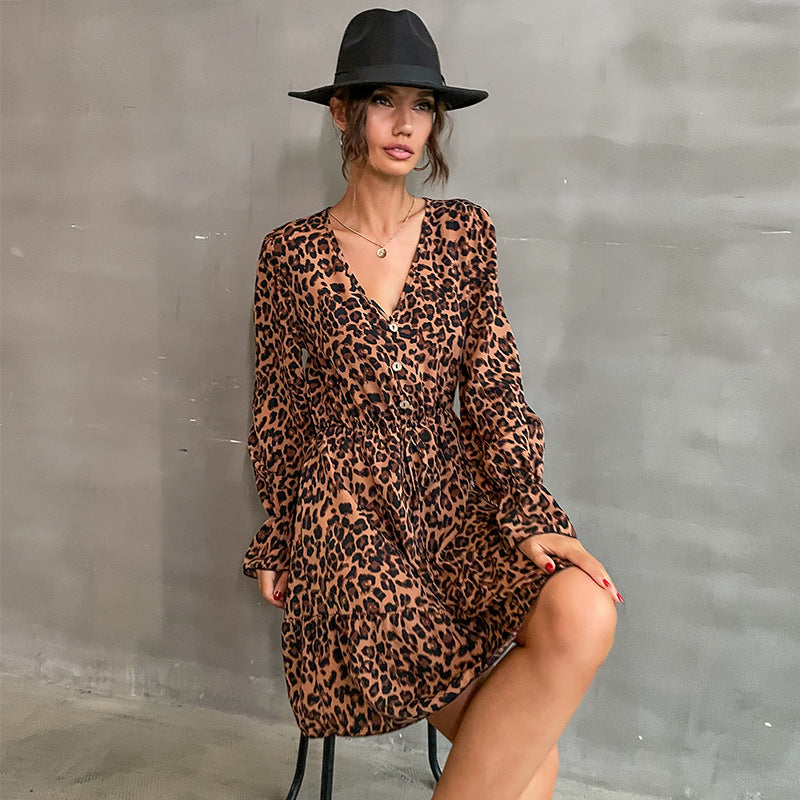 Langärmeliges Damen-Kleid mit V-Ausschnitt und Leopardenmuster