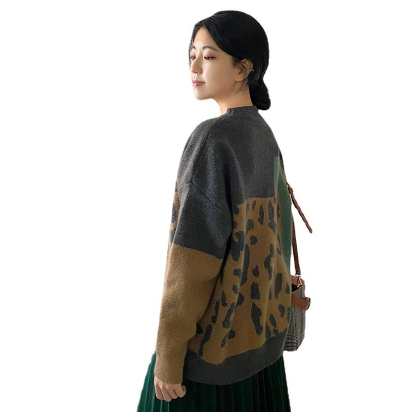 Lazy Style Pullover Color Block Leopard Sweater