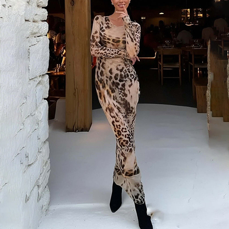 Fashionable Vintage-style Sexy Figure-hugging Leopard-print Dress