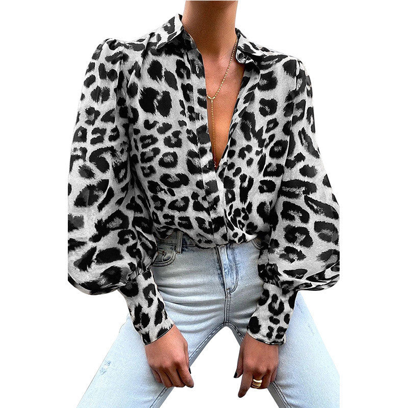 European And American Women's Leopard Print Fashion Casual Shirt Lapel Single Breasted