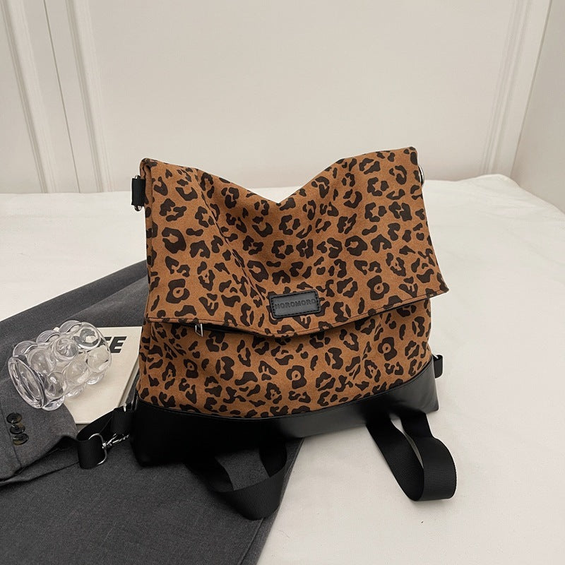 Multi-purpose Casual Fashion Temperament Leopard Print Leather Velvet Backpack Women's Bag