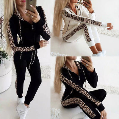 Women's Leopard Print Long Sleeve Print Zip Sweater Pants Set