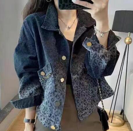 Black Retro Leopard Print Denim Jacket For Women
