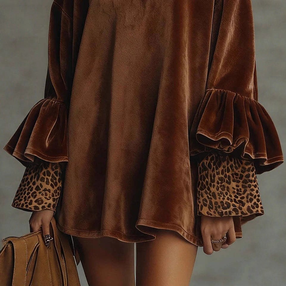 Autumn And Winter New Gold Velvet With Leopard Print Turtleneck Dress