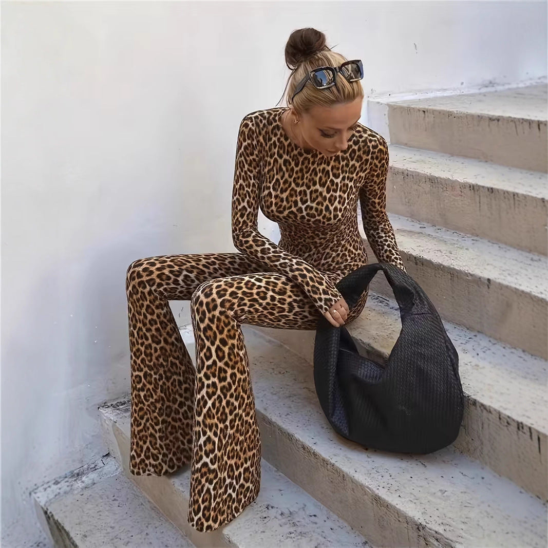Sexy Waist Trimming Backless Print Leopard-print Slim-fit Jumpsuit