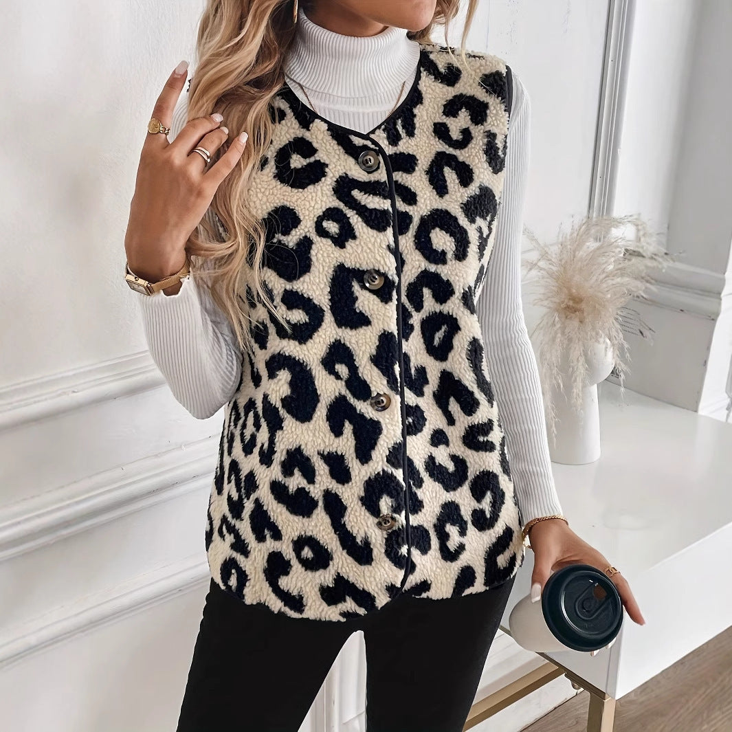 New Leopard Print Front Button Plush Fashion Vest Jacket