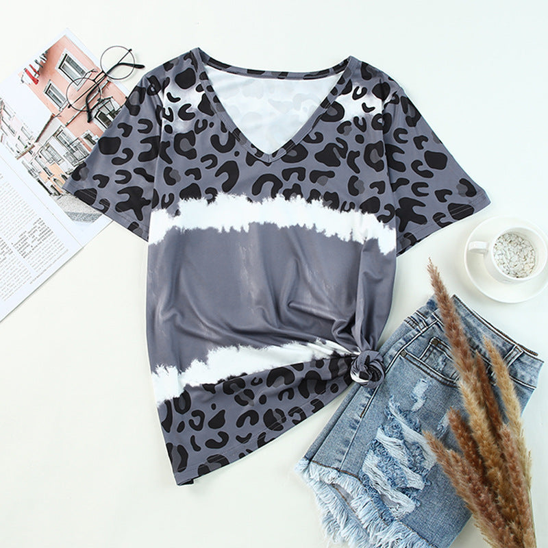 Shiying Tie-dyed Leopard Print Short Sleeve T-shirt For Women
