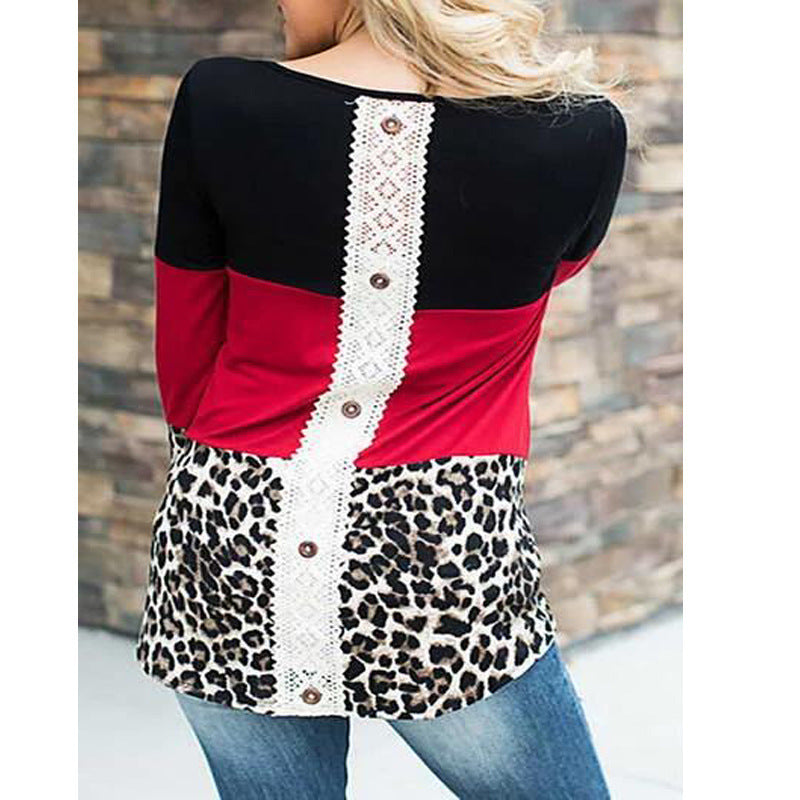 Ladies pullover leopard print stitching round neck long sleeve T-shirt