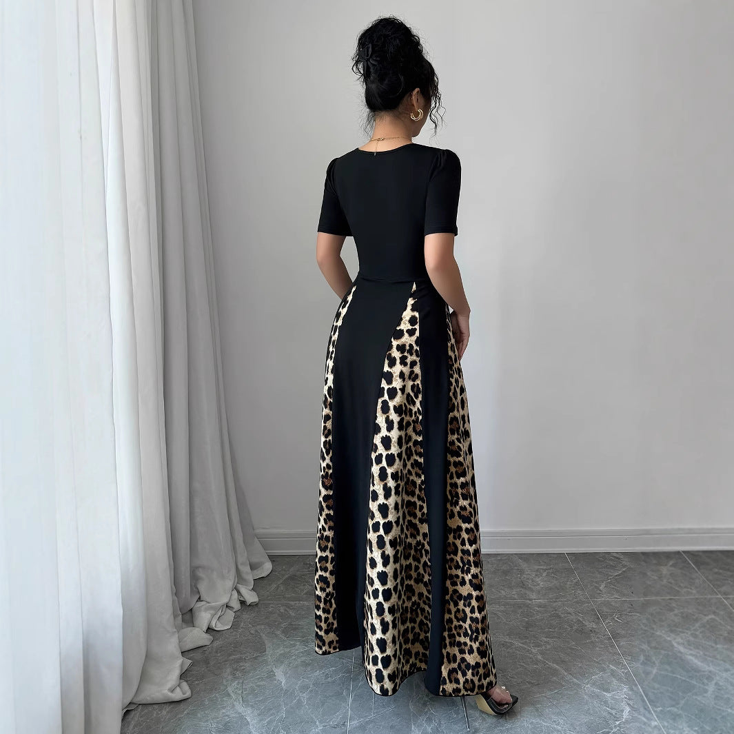 Women's Leopard-print Contrast-color Night Black Dress