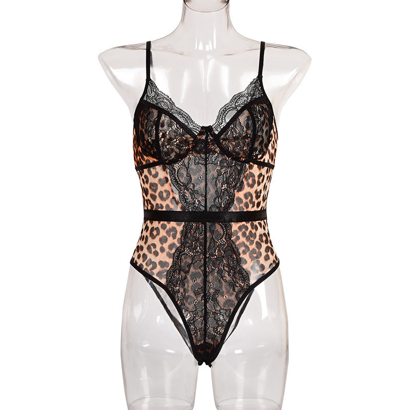 Lace halter leopard print jumpsuit Bikini Swimsuit