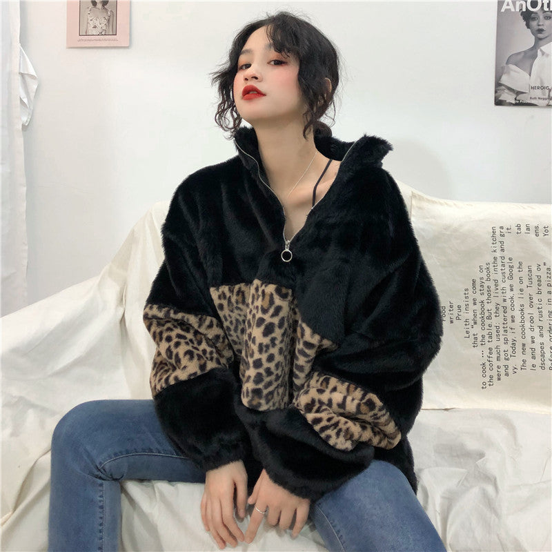 Leopard-patterned turtleneck zip warm sweatshirt