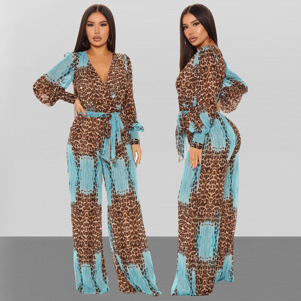Sexy Leopard Belt Fashion Digital Printing Long V-neck Chiffon Jumpsuit