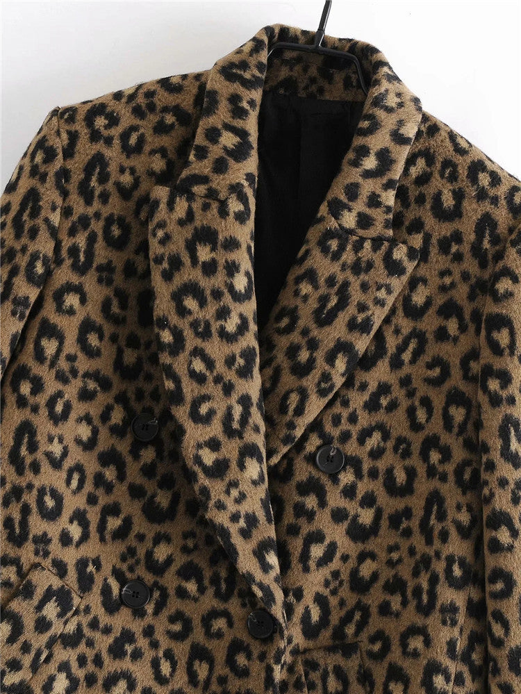 Sexy leopard print European and American style casual simple mid-length woolen jacket