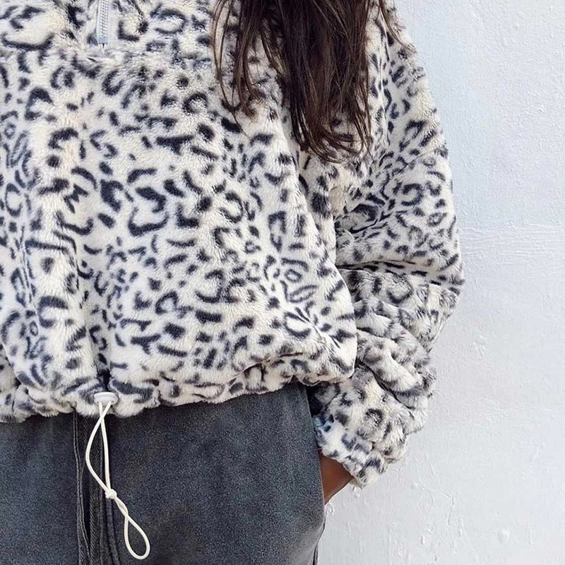 Leopard zipper solid color warm women's clothing coat