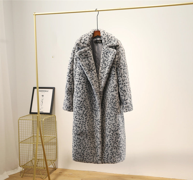 Leopard print oversized suit collar fur coat