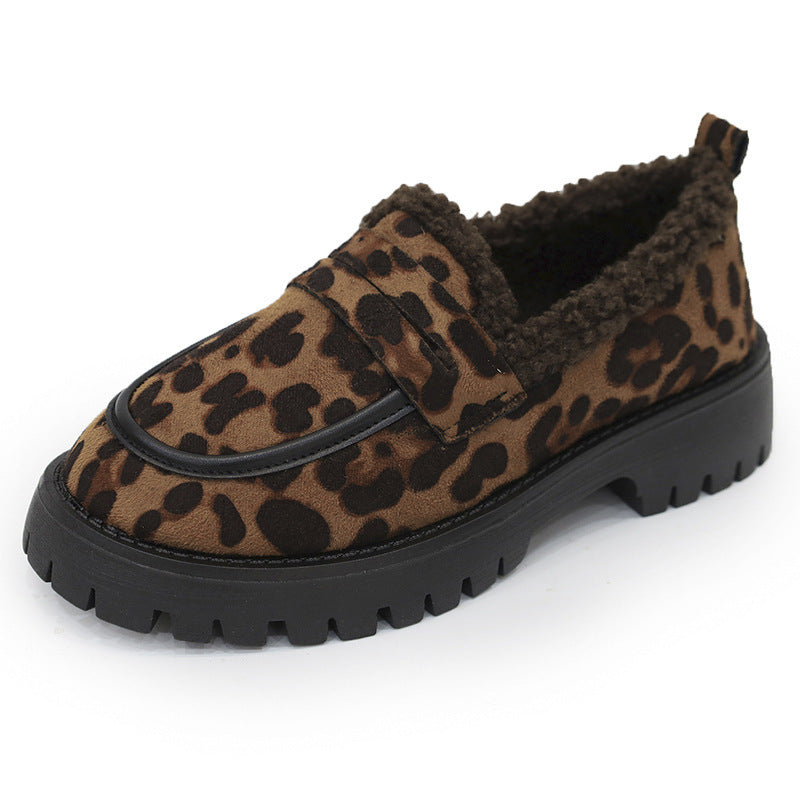 Plus Size Fleece Lined Loafers Leopard Print British Style