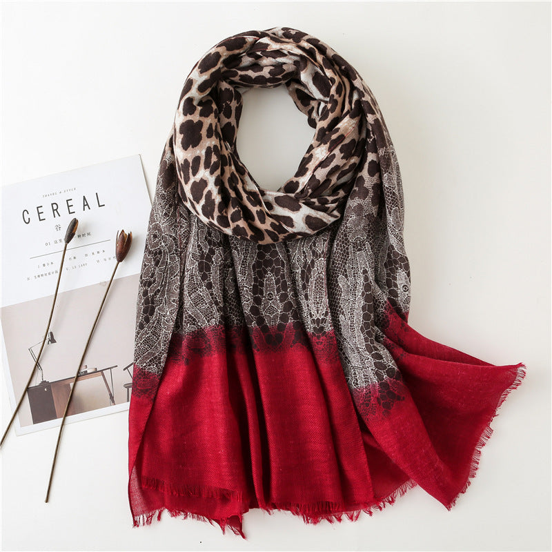 Cotton And Linen Leopard Lace Stitching Fashion Fashion Scarf