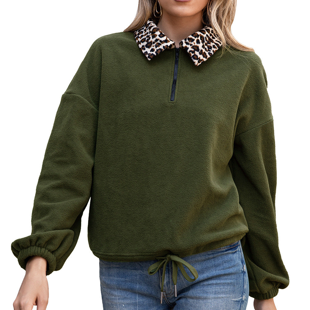 Zip polar fleece leopard print colorblock coat