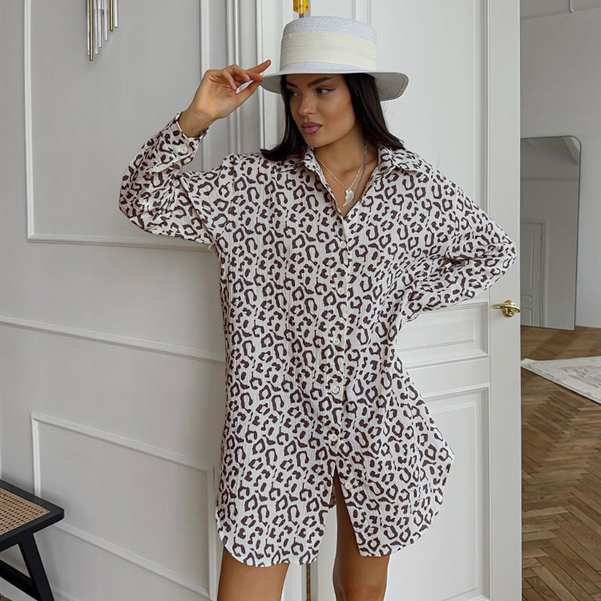 Autumn Crepe Cotton Leopard-print Shirt Fashion Loose Top
