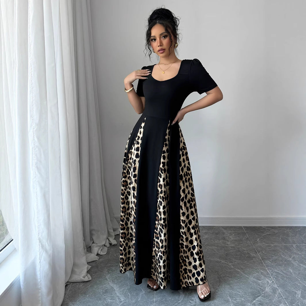 Women's Leopard-print Contrast-color Night Black Dress