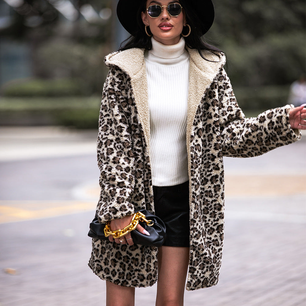 European And American Hooded Plush Top Leopard Fashion Brand Fleece Padded Coat