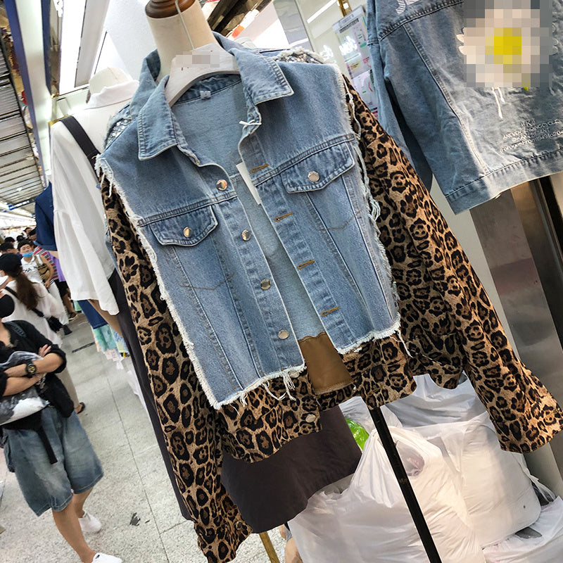 Ladies leopard stitching denim jacket