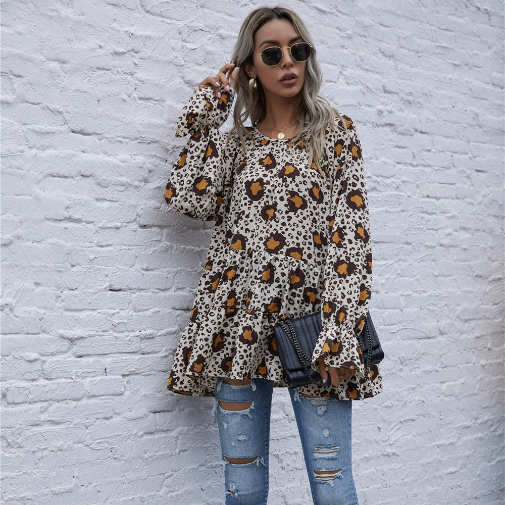 Women's Fashion Loose Flare Sleeve Tie-neck Leopard-print Shirt