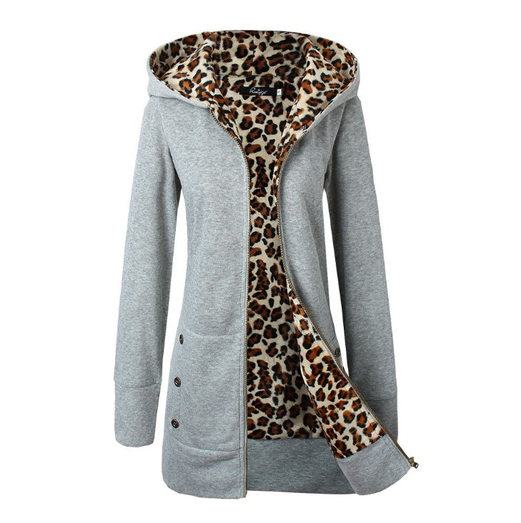 Autumn and winter new spot Europe and America thickening plus velvet large size hooded leopard sweater sweater jacket