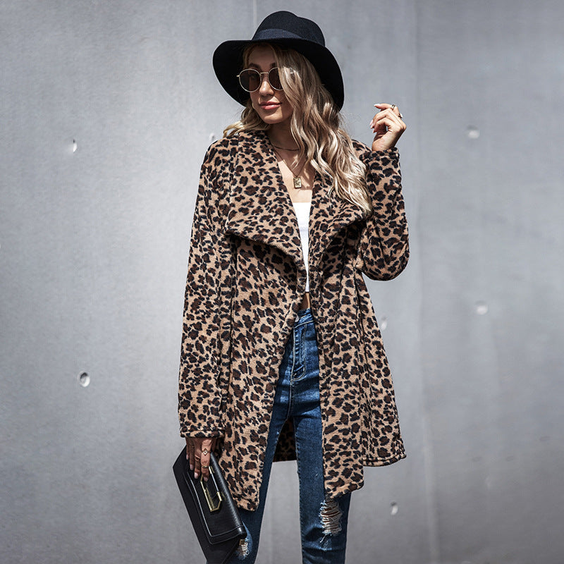 Women's long-sleeved faux fur leopard print casual coat