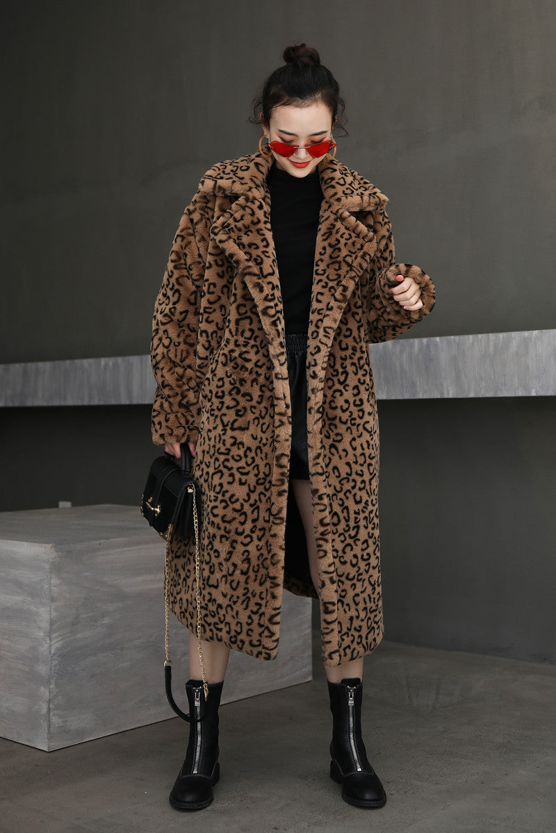 Leopard print oversized suit collar fur coat