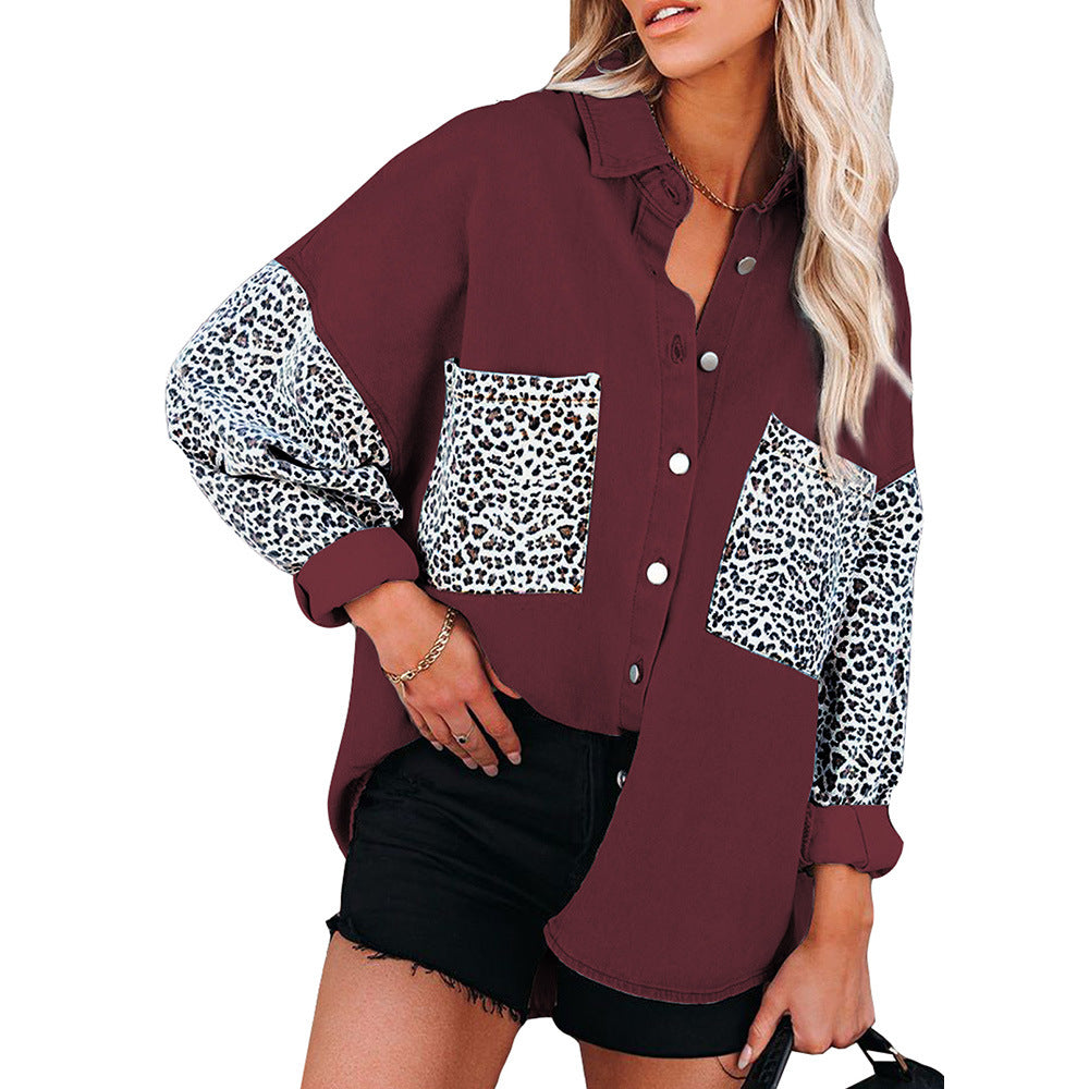 Leopard Print Stitched Casual Top With Pockets