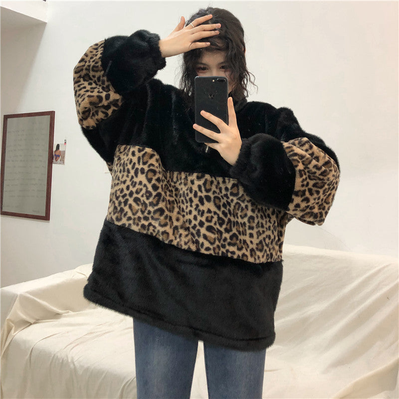 Leopard-patterned turtleneck zip warm sweatshirt