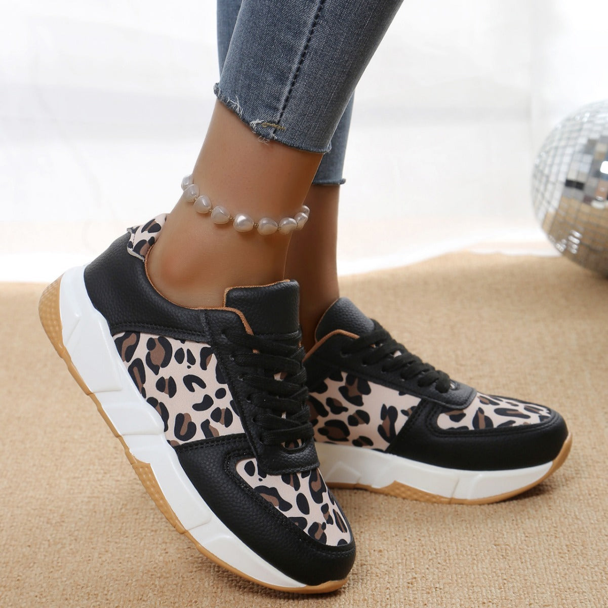 Leopard Print Casual Flache Schnürsenkel Sport Freizeitschuhe