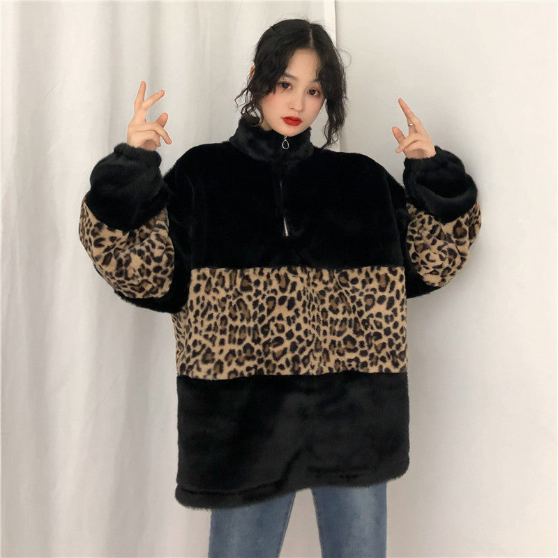 Leopard-patterned turtleneck zip warm sweatshirt
