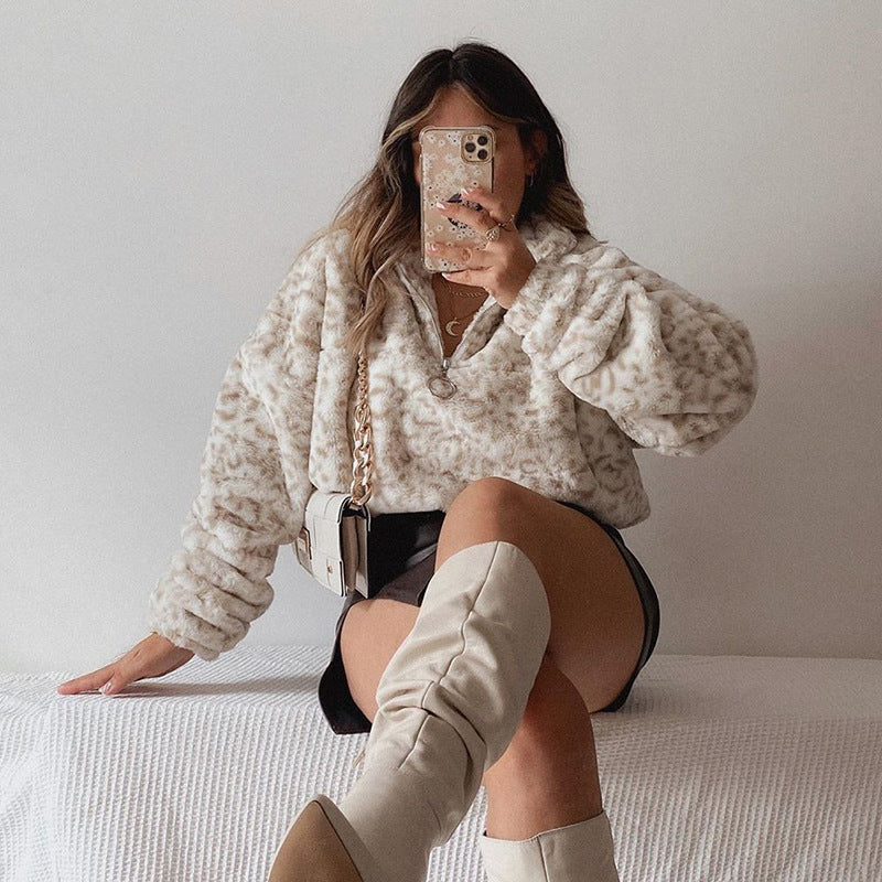 Leopard fur zipper long sleeve sweater