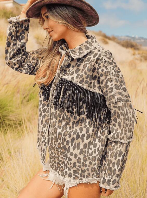 Women's Tassel Washed Distressed Leopard Denim Jacket