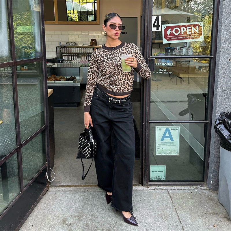 Design Leopard Print Long Sleeve Knitted Cardigan Top