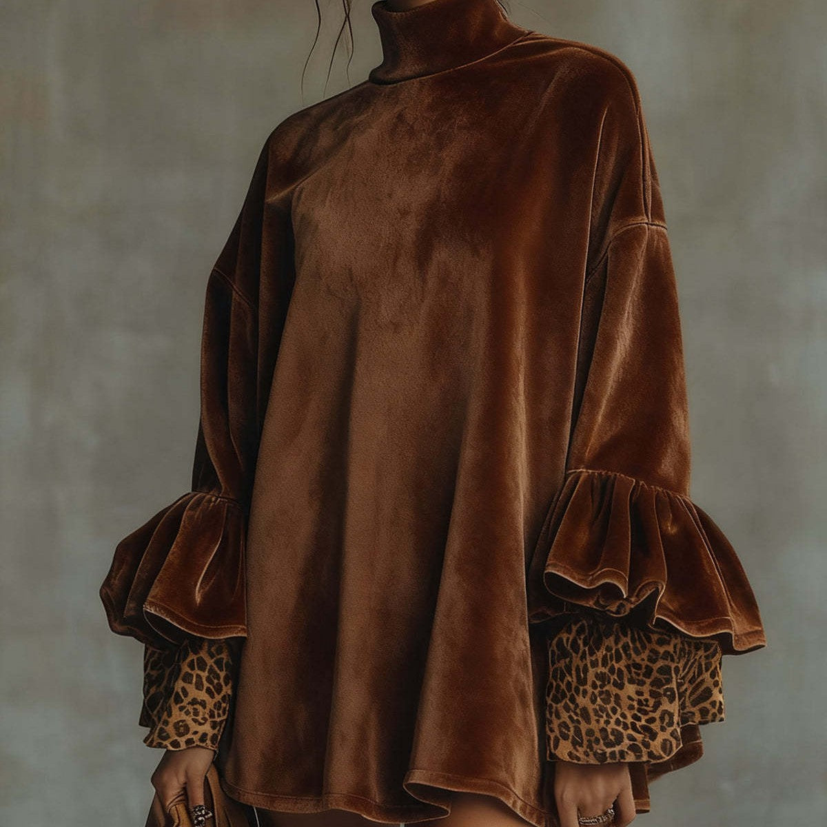 Autumn And Winter New Gold Velvet With Leopard Print Turtleneck Dress