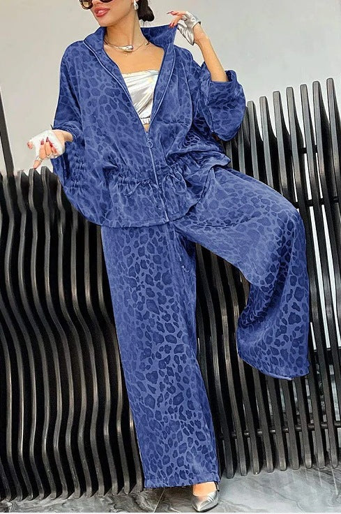 European And American Lapel Waist Drawstring Long Sleeve Leopard Print Casual Suit
