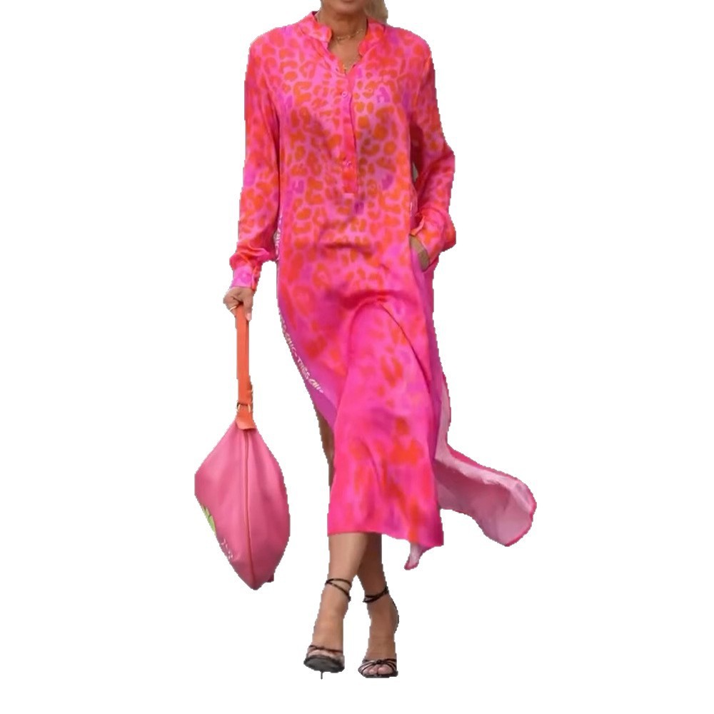 European And American Printed Long Sleeve V-neck Leopard Print Split Pocket Dress